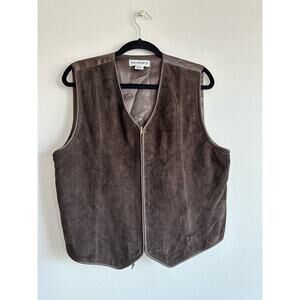 Vintage 90s Brown Suede Leather Vest Mens L Gold Zip Western Boho